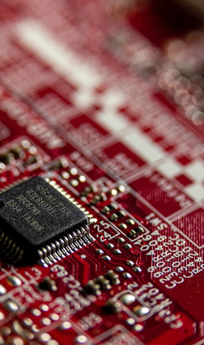 Nahaufnahme einer roten Platine mit Mikrochip